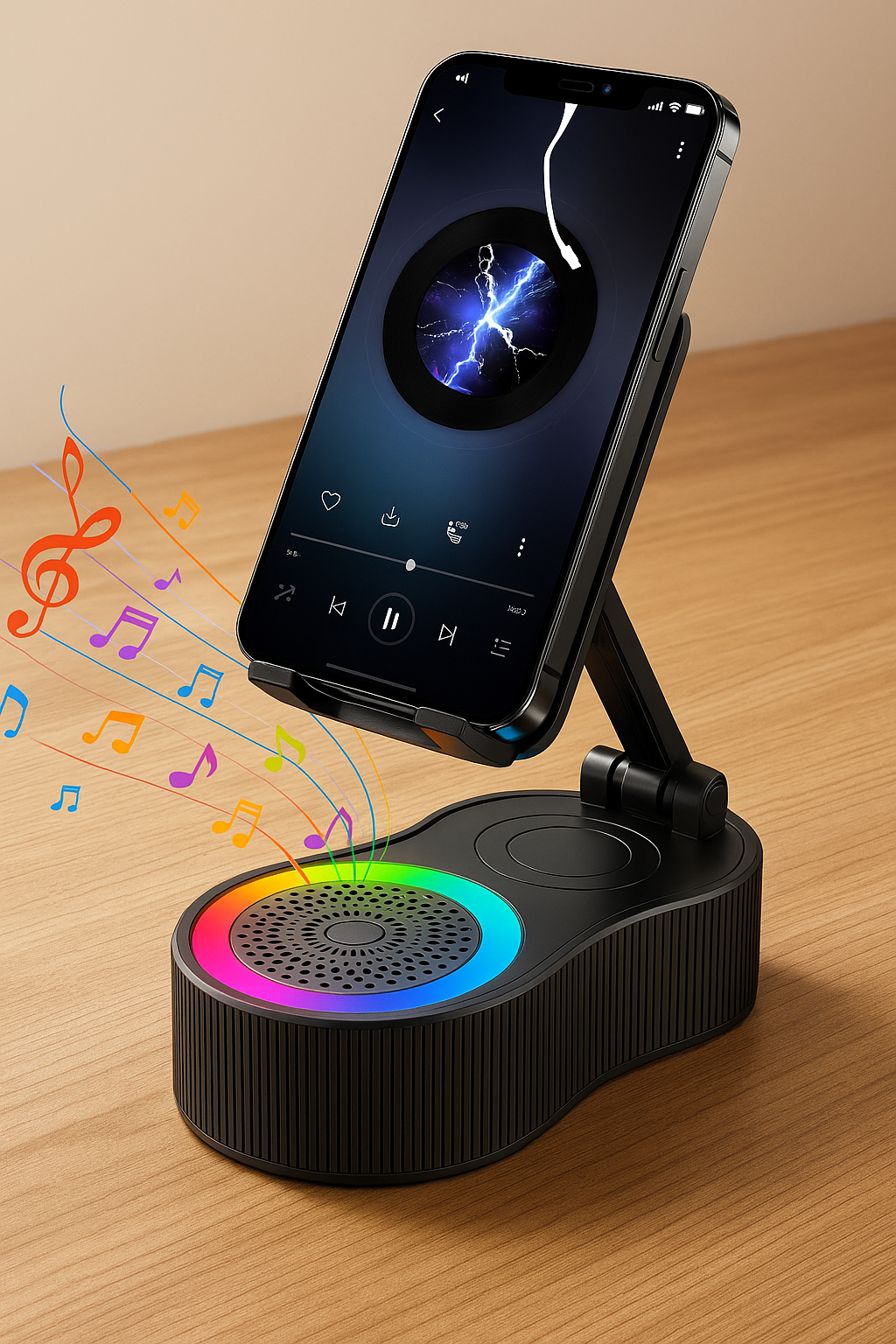 SmartZone Wireless Speaker with 360-degree rotatable phone holder and colorful RGB ambient light